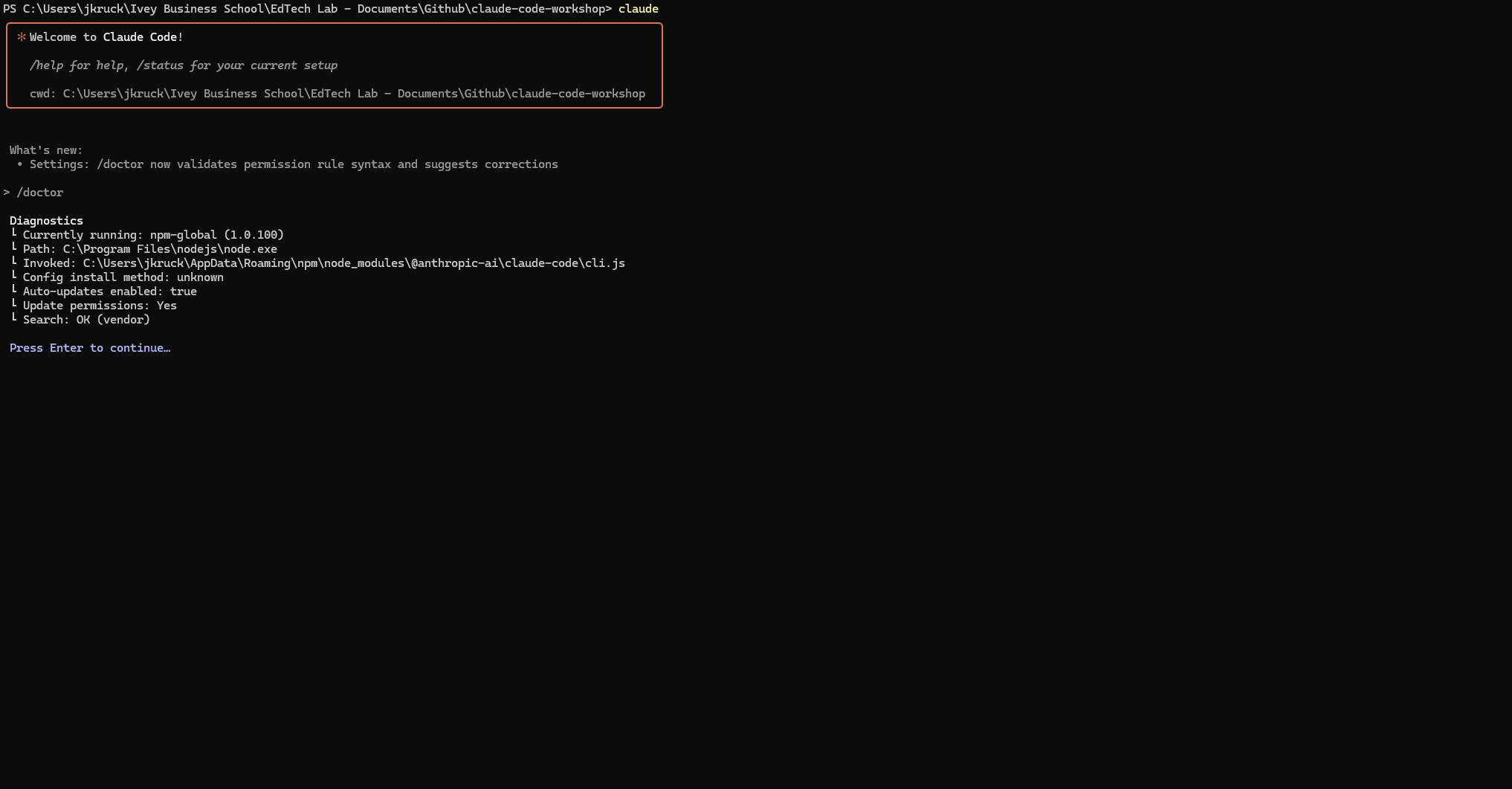 Terminal showing claude doctor command output with green checkmarks confirming successful installation and authentication